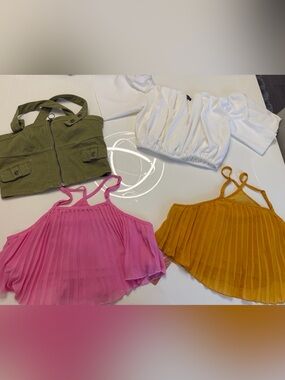 Set of 4 hot pink, mustard yellow, olive green and white blouses.